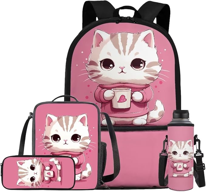 Cat Backpack for School Girls Backpack with Lunch Box Water Bottle Pouch and Kawaii Pencil Case 4PCS Set Cute Bookbag with Front Pocket 17 inch Large Capacity School Bag for Elementary Girls by ELEDIZI