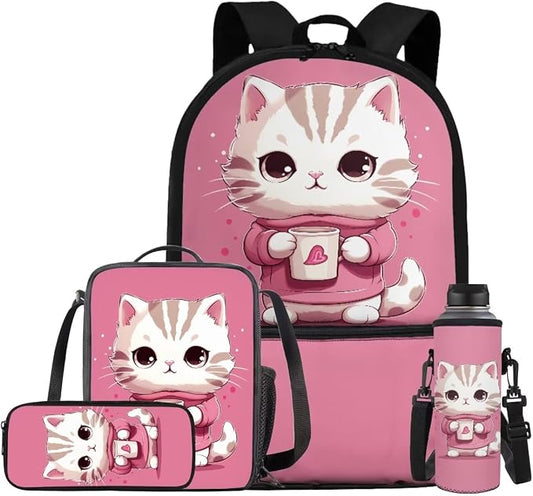Cat Backpack for School Girls Backpack with Lunch Box Water Bottle Pouch and Kawaii Pencil Case 4PCS Set Cute Bookbag with Front Pocket 17 inch Large Capacity School Bag for Elementary Girls by ELEDIZI