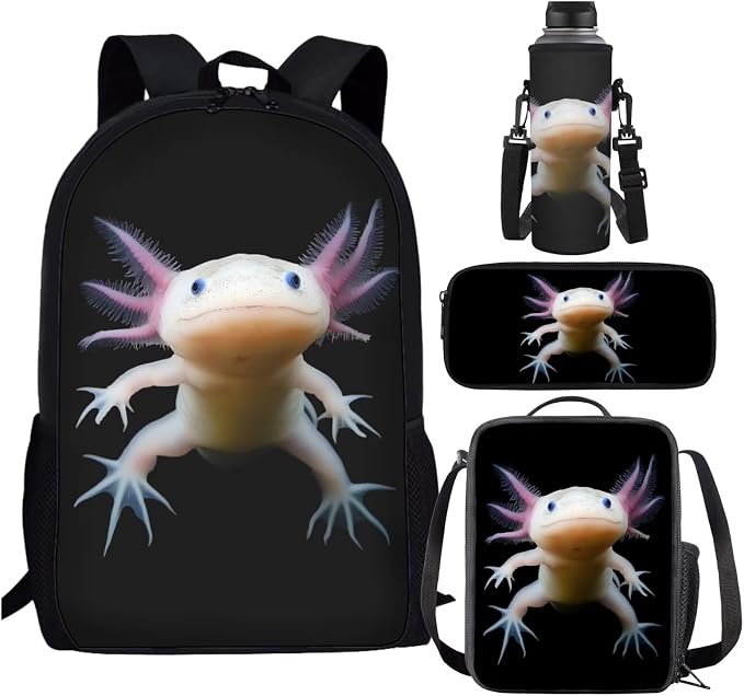Novelty Axolotl Backpack for School Girls 3rd Grade Preppy Kids Bookbag with Lunch Box Set 4PCS Elementary Student Back Pack Lunch Bag Pencil Case Water Bottle Holder Preschool Book Bags by SCRAWLGODDreamWardrobe