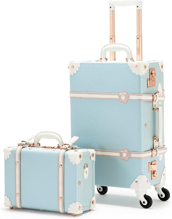 COTRUNKAGE Vintage Designer Luggage Set, Women's Cute Blue Carry On Luggage 22x13x7.5 Airline Approved, 13" Mini Makeup Organizer Case with Lock, Sky Blue by COTRUNKAGE