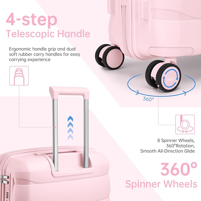 Carry On Luggage 22x14x9 Airline Approved, 22 Inch PP Hardshell Luggage Carry-on Suitcase with Spinner Wheels, Carry On Suitcase Set for Women (Pink) - Image 3