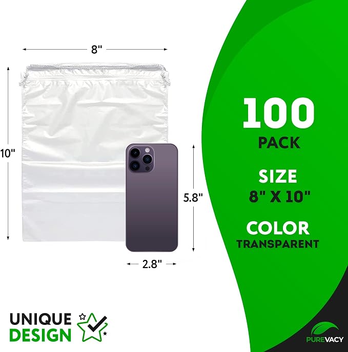 Clear Drawstring Bags, 8 x 10 Inch Plastic Shoe Bags with Cotton Drawstrings, Pack of 100 for Travel Storage and Packaging - Image 2