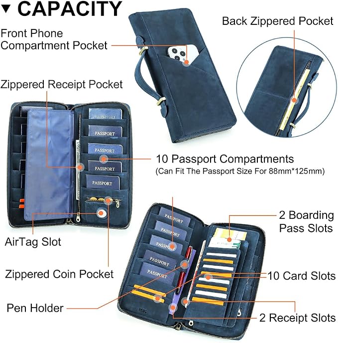 CONTACTS Family Passport Holder for 10 Full Grain Leather Passport Holder Compatible with Airtag for Family Travel Document Organizer Multiple Passport Wallet with Rfid Blocking (Blue) - Image 4