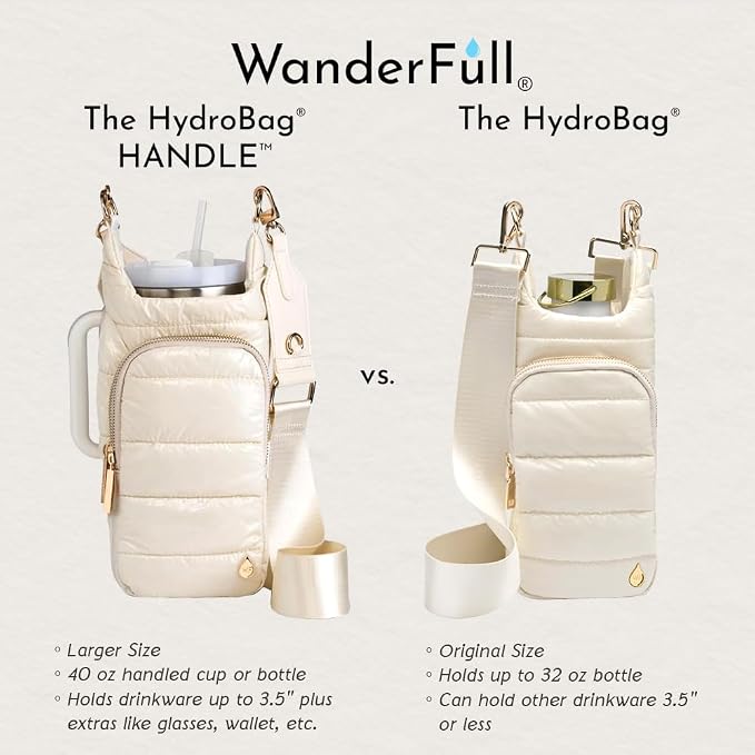 WanderFull Original HydroBag Handle®, Zipper for Handle, 40 oz Water Bottle Holder w/Strap, Crossbody Carrier Bag w/Phone Pocket- Ivory Lacquer w/Vegan Leather Trimmed Strap - Image 6