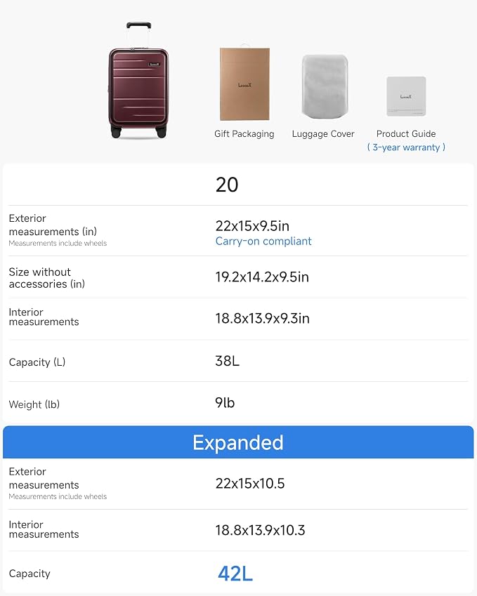LUGGEX Carry On Luggage 22x14x9 Airline Approved, Expandable Polycarbonate Suitcase with Front Pocket (FX-Core, Cherry, 20 Inch) - Image 8