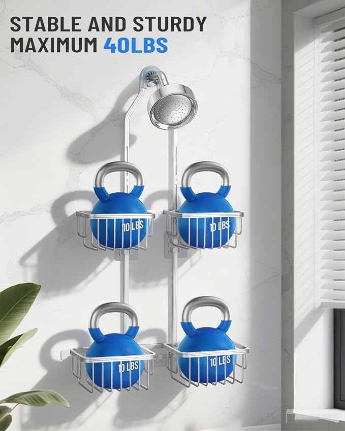 Adjustable Shower Caddy Hanging for Handheld Showerheads - Upgraded Never Rust Shower Hanging Organizer, Bathroom Shower Rack with Soap Basket, Hooks and Toothbrush Holder (Shiny Silver) - Image 7
