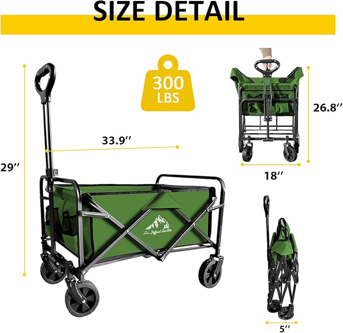 Collapsible Wagon with Quiet Wheels - Silent Grocery Shopping Cart for Seniors, Foldable Utility Cart for Laundry & Apartment, Washable Heavy Duty Rolling Wagon with Two Mesh Pockets, Green - Image 2