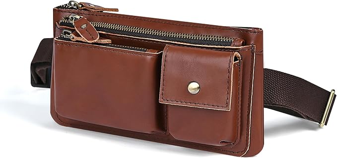 Water Resistant Canvas + Leather Hiking Riding Travel Fanny Waist Pack Small Phone Pouch For Men Women FB811-29 (100% Leather-C-Wine) - Image 8
