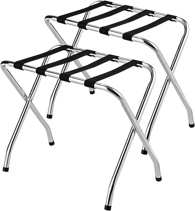 MAT EXPERT Folding Luggage Rack, No Assembly Required, 180lbs Capacity Luggage Holder w/ Nylon Straps & Non-slip Footpads, Chrome Suitcase Stand for Guest Room Home Bedroom Hotel, Set of 2, Silver by MATEXPERT