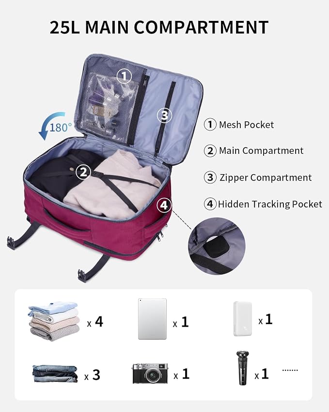 ECOHUB 17" Small Travel Backpack, United Airlines Personal Item Bag 17x10x9 with 16 Pockets, Water Resistant Rucksacks Fit 15.6" Laptop, AirTag Pocket, Lightweight Casual Daypack, 25L, Red - Image 3