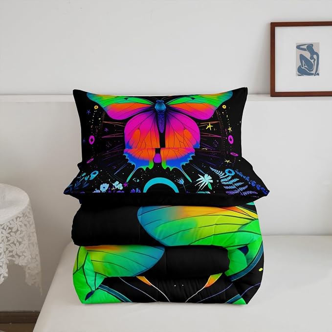 Erosebridal Moth Comforter Set King Hippie Psychedelic Sun and Moon Bedding Set,Purple Blue Ombre Galaxy Floral Botanical Comforter for Girls Teens Women Stars Planet Quilt Duvet 2 Pillowcases - Image 7