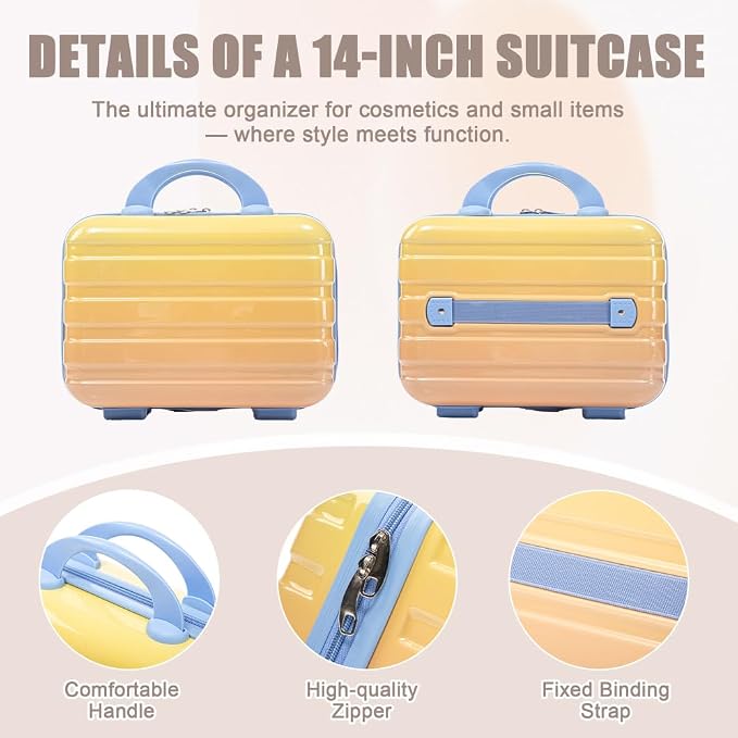 Gradient Color Suitcase 2-Piece Set, 20" Rotating Wheel Suitcase with 14" Cosmetic Case, Lightweight Durable Hardshell Luggage with 360° Spinner Wheels for Travel, Women & Girls (Blue+Yellow) - Image 7