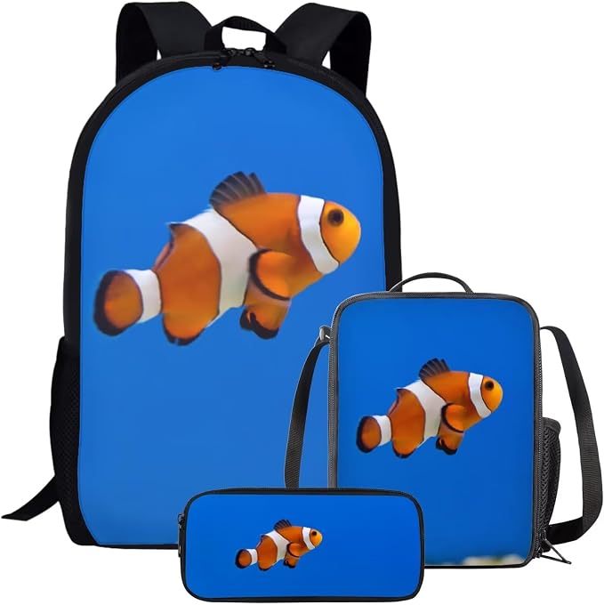 Girls Boys School Backpack with Lunch Box Pencil Case Comfy Padded Lightweight Clownfish Backpack Set Kids Cute Bookbag Insulated Lunch Bag Student Large Capacity Daypack 17 Inch by Parprinty