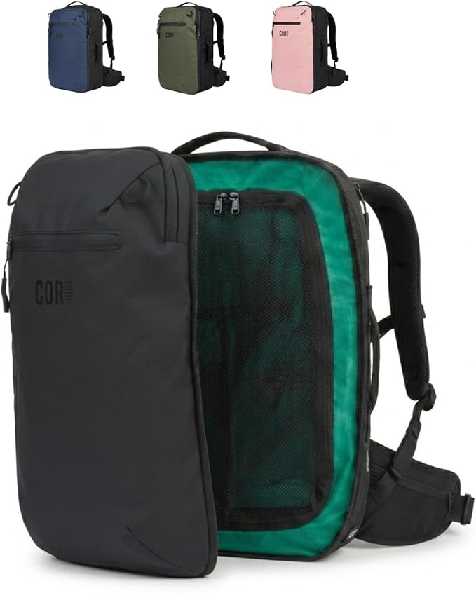 COR Surf Island Hopper Travel Backpack, 40L Black, Personal Item Carry On | Carry On Backpack for Men & Women, Clamshell Opening, Hidden Passport Pockets, Water Resistant, Laptop Sleeve, YKK by CORSurf