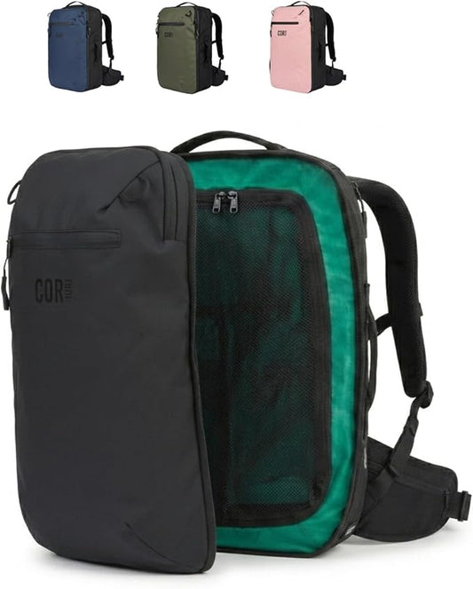 COR Surf Island Hopper Travel Backpack, 40L Black, Personal Item Carry On | Carry On Backpack for Men & Women, Clamshell Opening, Hidden Passport Pockets, Water Resistant, Laptop Sleeve, YKK by CORSurf