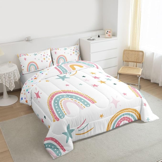 Erosebridal Rainbow Duvet Insert King Cartoon Rainbow Comforter Set, Colorful Iridescent Confetti Bedding Set for Kids Boys Girls Teens Women Bedroom Decor, Hand Drawn Quilt with 2 Pillow Cases - Image 4