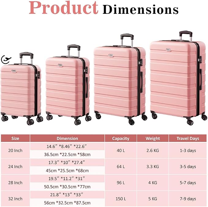 AnyZip Luggage Sets 4 Piece Hardshell Suitcase Set PC ABS Lightweight Travel Suitcases with 4 Double Spinner Wheels TSA Lock 20 24 28 32 Inch Pink - Image 8