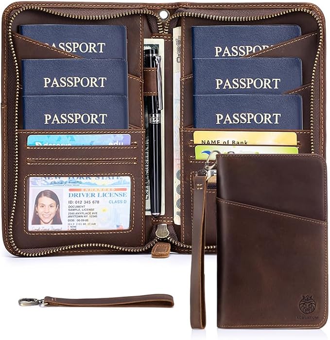 Passport Holder for Travel Family with Strap Genuine Leather RFID Blocking Travel Document Organizer Wallet with Pen Holder, Brown - Image 3