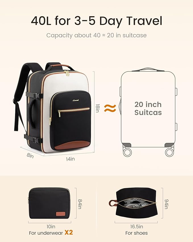 LOVEVOOK Large Travel Backpack for Women & Men, 40L Carry on Backpack for Airplanes, TSA Personal Item Travel Bag fits 17" Laptop, Waterproof Travel Essentials Airline Approved with 3 Packing Cubes - Image 5