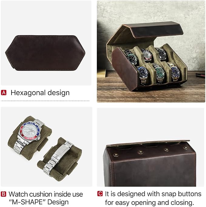 Hiram Genuine Leather Hexagon Watch Roll Travel Case, Leather 6-Watches Roll Case with Removable Pillow Cushion for Treasured Watches and Bracelets - Image 6