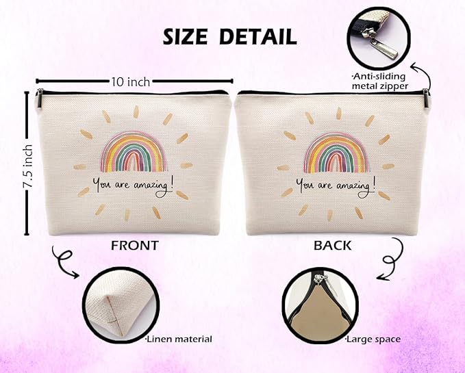 You Are Amazing Makeup Cosmetic Bag, Watercolor Rainbow Linen Makeup Travel Toiletry Bag, Inspirational Cosmetic Bag Gifts For Women Girls Wife Her Sister Mom Girlfriend