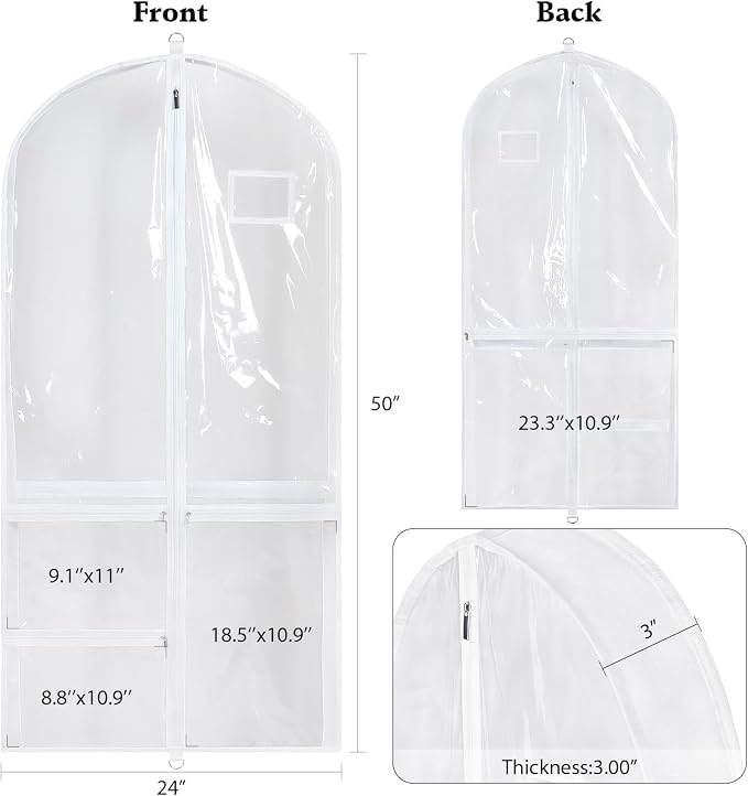 Univivi Clear PVC Dance Costume Bags Garment Bag 50 Inch for Dance Competitions, with 3 Seperated Medium Clear Zipper Pockets and 1 Large Back Zippered Pocket - Image 2