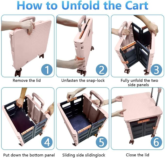 Foldable Utility Cart Portable Rolling Crate Handcart Shopping Trolley Collapsible 4 Rotate Wheels with Durable Heavy Duty Plastic Telescoping Handle for Travel Shopping Moving Storage Office Use - Image 4