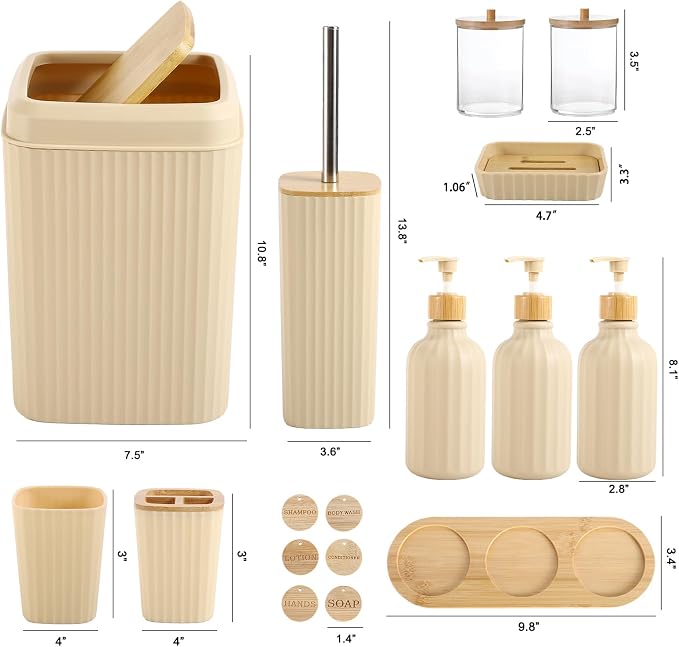 Bathroom Set 17PCS Beige Bathroom Accessories Set Bathroom Sets with Trash Can 3PCS Lotion Soap Dispenser, Toothbrush Holder,6PCS Wood Tags Bathroom Accessories for Kitchen Bathroom - Image 6