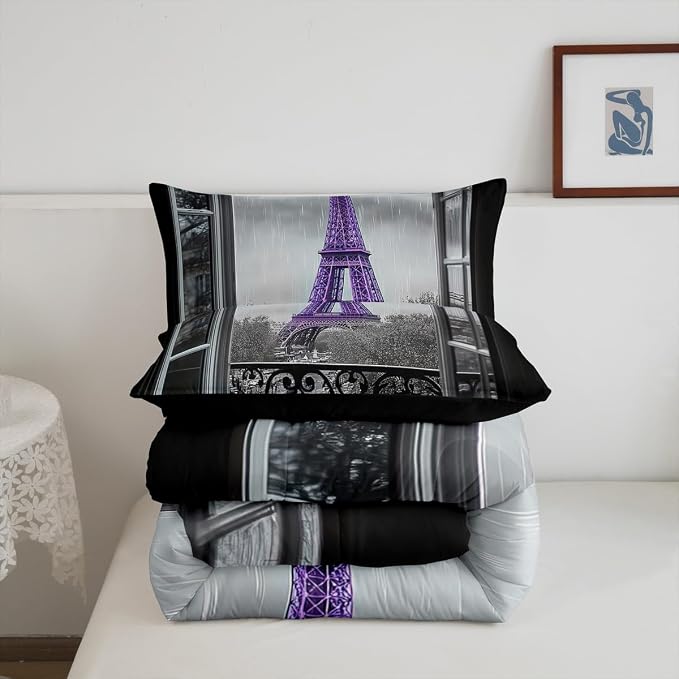 Erosebridal Purple Eiffel Tower Comforter Set Twin,Vintage France Paris Bedding Set for Girls Boys Teens Women Retro City Building Down Comforter Romantic Rainy Day Quilt Pillow Case Bedroom Decor - Image 6