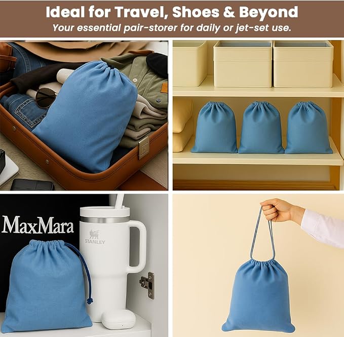 LFH Cotton Rich Shoe Storage Bags with Drawstring, Dustproof Breathable Reusable Organizer, Perfect For Travel, Dorm, Hotel, College, Gym, Easy to Carry, Machine Washable 8"x17" (Pack of 6) - Sky Blue - Image 6