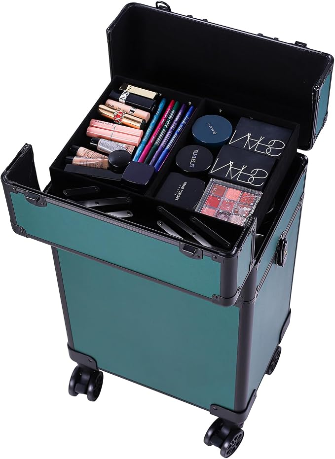 Karl home 4 in 1 Makeup Train Case Rolling Cosmetic Trolley Large Capacity Travel Organizer with Key 360°Swivel Wheels Suitcase for Beauticians Hairstylists Nail Tech Students,Dark Green - Image 2