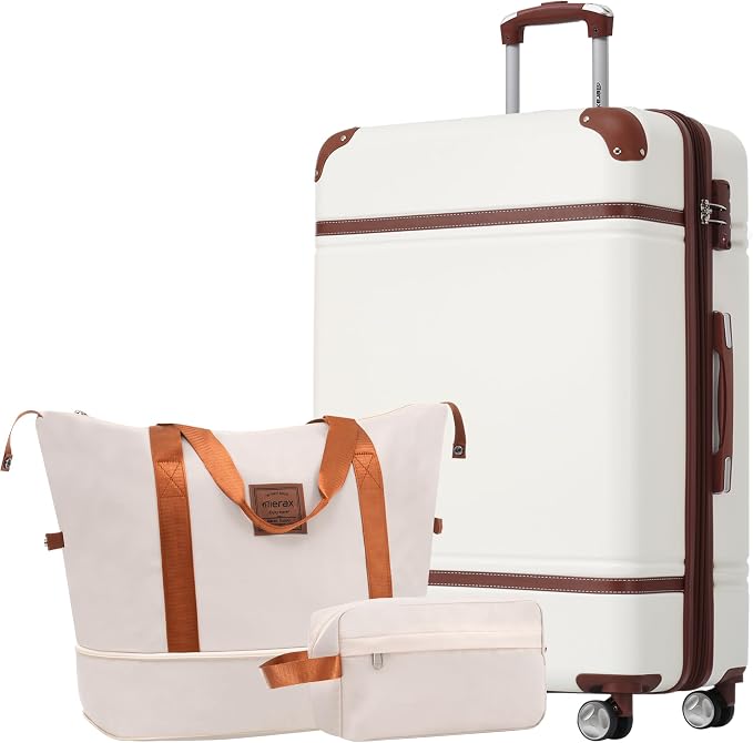 Merax Suitcase Set 28 inches Expandable Luggage with TSA Lock Spinner Wheels Hardshell Lightweight Vintage Luggage with Travel Bag,White by Merax