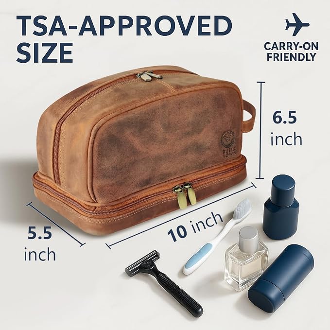 RUSTIC TOWN Leather Toiletry Bag - Waterproof Ditty Kit for Men and Women, Travel Organizer for Full-Size Essentials, TSA Approved - Image 2