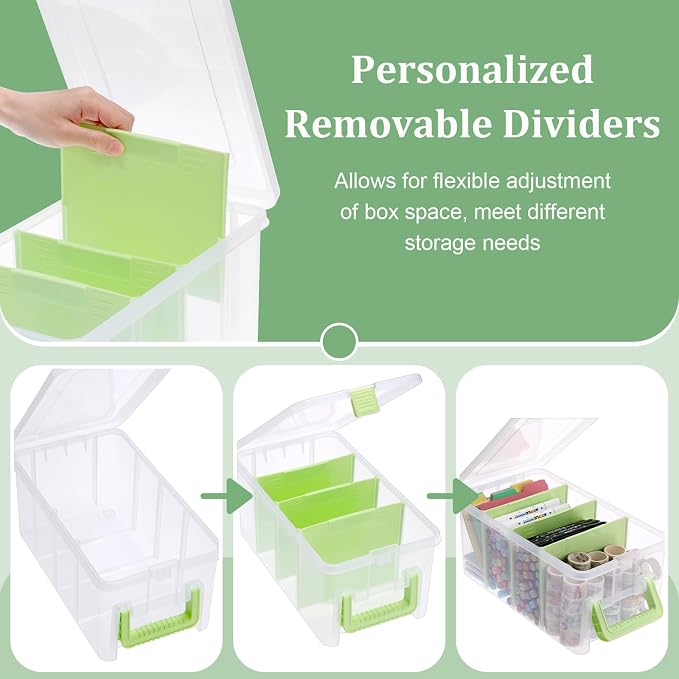 BTSKY Clear Plastic Dividing Storage Box with 4 Deep Compartments Adjustable Storage Bin with Lid Portable Craft Container Multipurpose Sewing Box Art Supply Organizer, 13.9x7.9x6.2 Inches, Green - Image 3