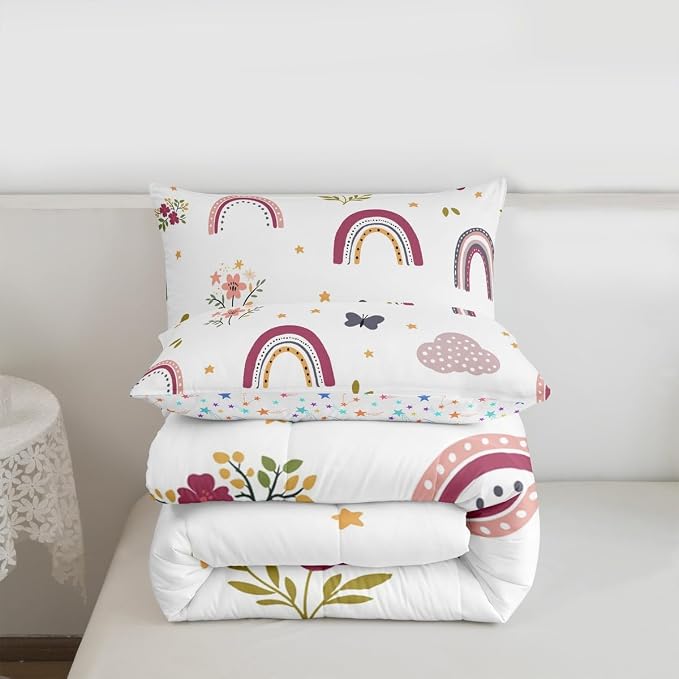 Erosebridal Rainbow Quilt for Kids, Kawaii Flower Comforter Set Cute Butterfly Duvet Insert Full Size for Girls Boys Children Bedroom Decor, Hand Drawn Iridescent Bedding Set with 2 Pillow Cases - Image 7
