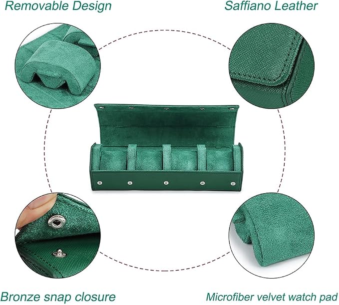 Hiram Genuine Leather Saffiano Leather Watch Roll Travel Case, Leather 4-Watches Roll Case for Treasured Watches and Bracelets(Green) - Image 5