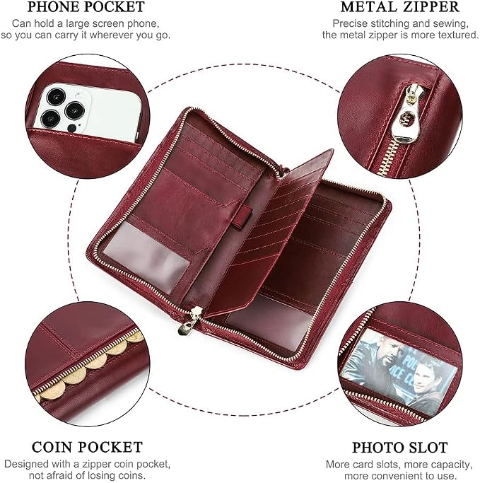 CONTACTS Full Grain Leather Family Passport Holder for 4 RFID Blocking Passport Wallet Large Capacity Wristlet Clutch Purse Red - Image 5