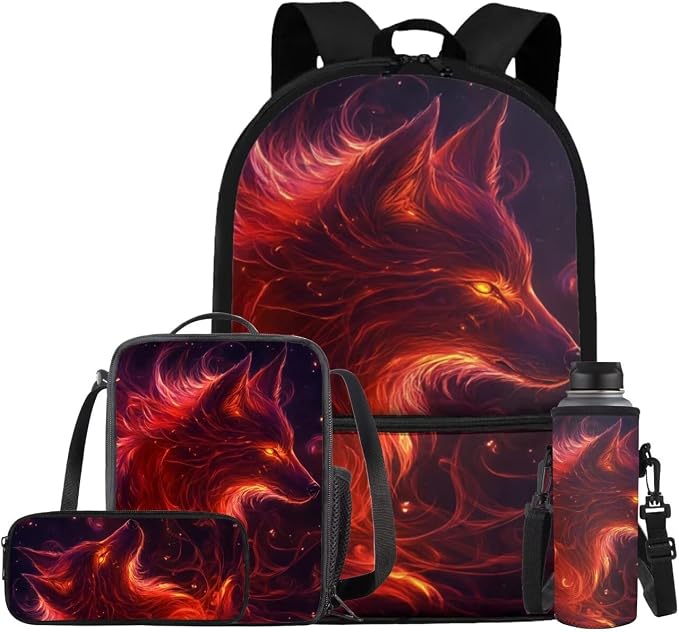Galaxy Wolf Backpack for Girls Boys Backpack with Lunch Box Water Bottle Holder and Soft Pencil Pouch 4PCS Set 17" Sturdy Bookbag with Front Pocket for School Lightweight School Bag for Kids by ELEDIZI