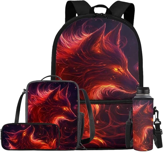 Galaxy Wolf Backpack for Girls Boys Backpack with Lunch Box Water Bottle Holder and Soft Pencil Pouch 4PCS Set 17" Sturdy Bookbag with Front Pocket for School Lightweight School Bag for Kids by ELEDIZI