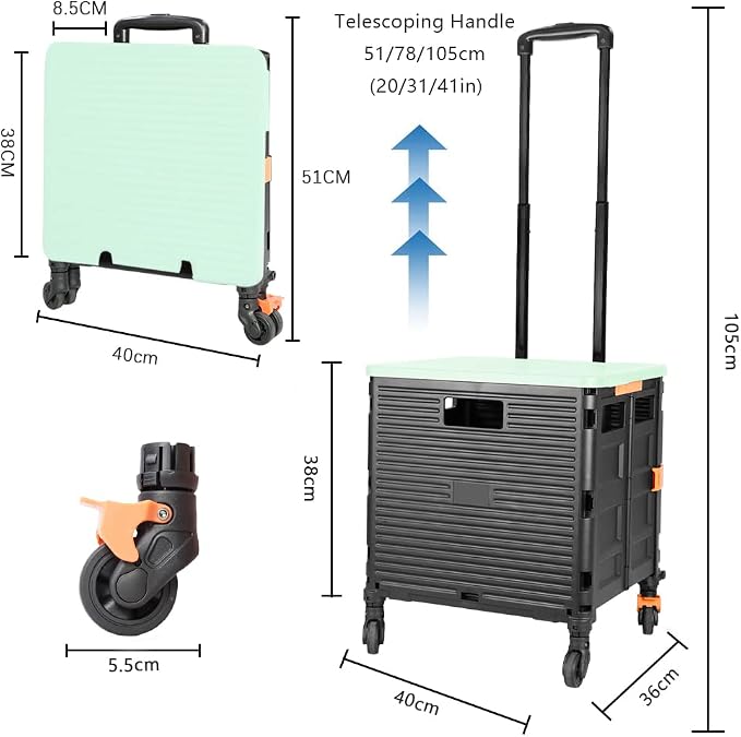 FELICON SELORSS Foldable Utility Cart Folding Portable Rolling Crate-Green | Heavy Duty,Telescoping Handle,4 Rotate Wheels,Collapsible Handcart for Travel Shop Move Luggage Laundry Teacher Office Use - Image 7