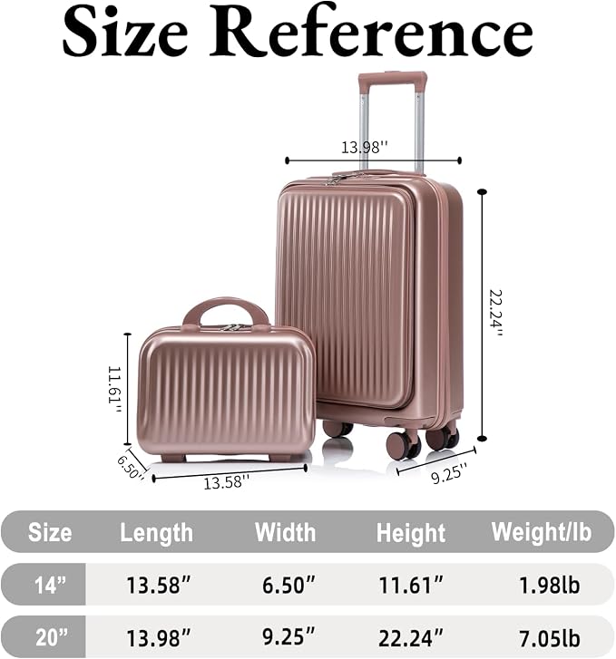 2 Pcs ABS Spinner Luggage Set with Front Opening Design, 14" Cosmetic Case & 20" Carry-On with Combination Lock For Business Trip, Champagne - Image 7