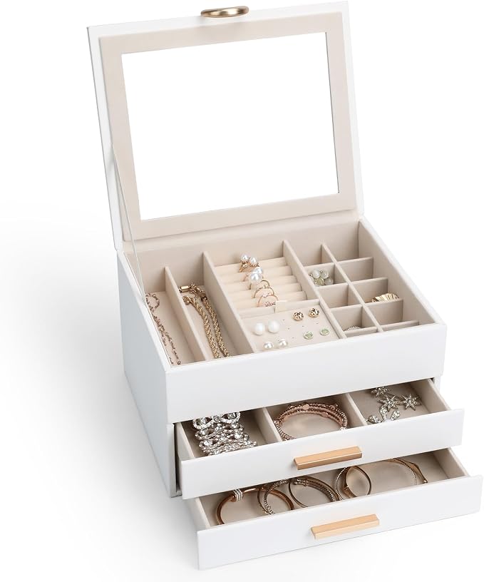 Elegant Jewelry Storage Box with Mirror 3-Tier Design with Smooth-Gliding Drawers Jewelry Organizer Perfect Christmas Birthday Gift for Wife Mom Women White - Image 2