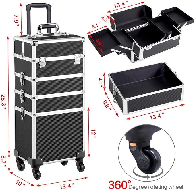 Topeakmart 4-in-1 Cosmetology Case on Wheels Lockable Makeup Trolley Black | Reinforced with aluminum trim and steel corners, this rolling makeup train case organizes and locks supplies anywhere - Image 3