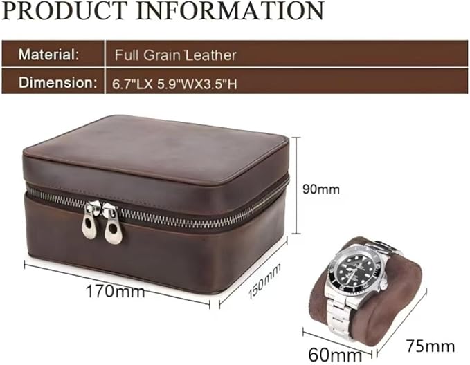 Watch Travel Case for Men, Genuine Leather Watch Case Travel Jewelry Case Vintage Travel Watch Box Handmaded Leather Watch Holder Cufflinks Box for Home Storage,Travel and Display - Image 2