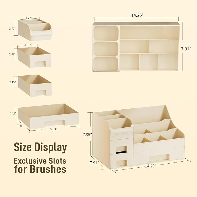 Makeup Organizer with Drawers,Large Cosmetic Storage Box,Countertop Skincare Organizer,ABS Makeup Brush Holder for Bathroom,Desk,Dresser,Multifunctional Beauty Display Case,Cream - Image 5