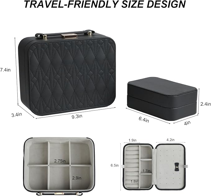 Black Jewelry Box, Large Travel Jewelry Case Organizer, 2 Layer Jewelry Holder Organizer, Traveling Jewelry Organizer for Women, Watch Case for Women（Black） - Image 7