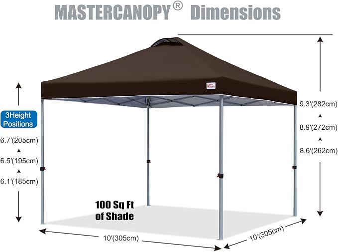 MASTERCANOPY 10x10 Pop Up Canopy Tent, 1 Person Setup Instant Shelter,Outdoor Portable Beach Canopy with Roller Bag, 4 Sandbags, 4 Ropes, 8 Stakes (10x10, Brown) - Image 2