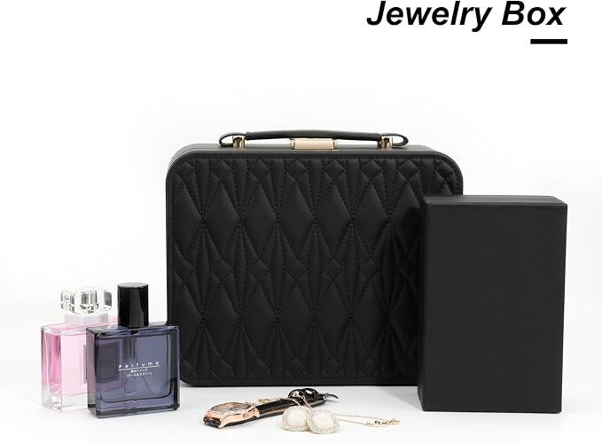 Large Jewelry Travel Organizer, 2 Layers Jewelry Box with Tray Black - Image 3