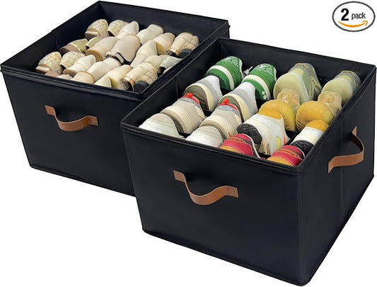 Shoe Organizer Box 2 Pack, Shoe Storage Organizer with Clear Cover, Adjustable Dividers Fits 16-32 Pairs, Fabric Shoe Organizer for Closet, Black by Vexalora