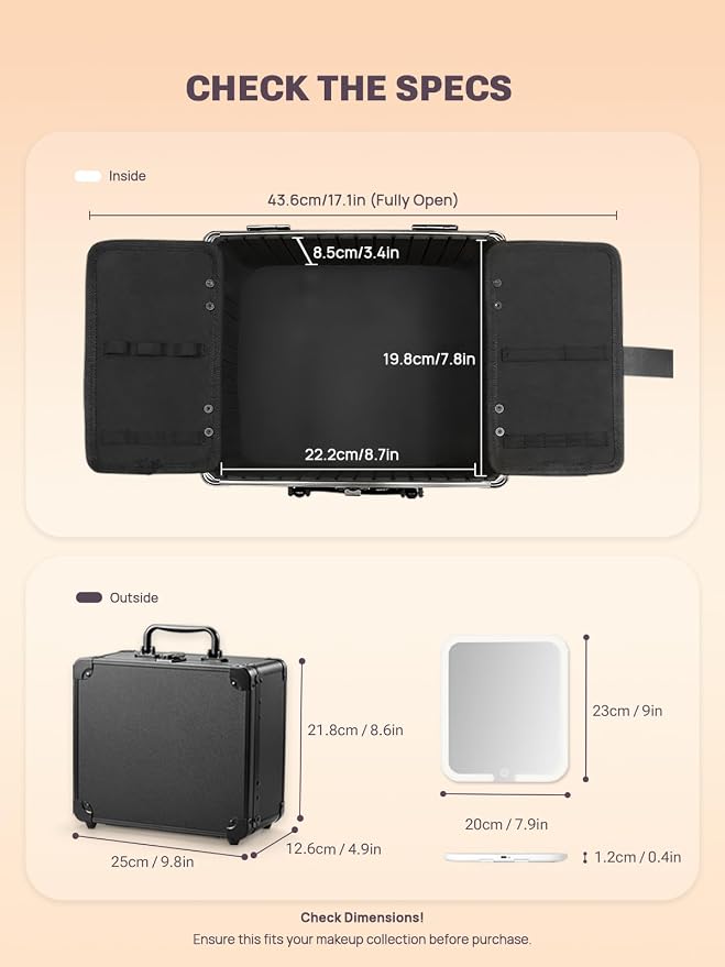 Qislee Makeup Box with A Detachable Lighted Mirror, Waterproof Travel Train Case, Cosmetic Organizer and Makeup Suitcase with Adjustable Dividers, Magnetic LED Mirror (Black) | Makeup Organizer, Cosmetic Travel Bag for Women, Adjustable Dividers, Brush... - Image 3